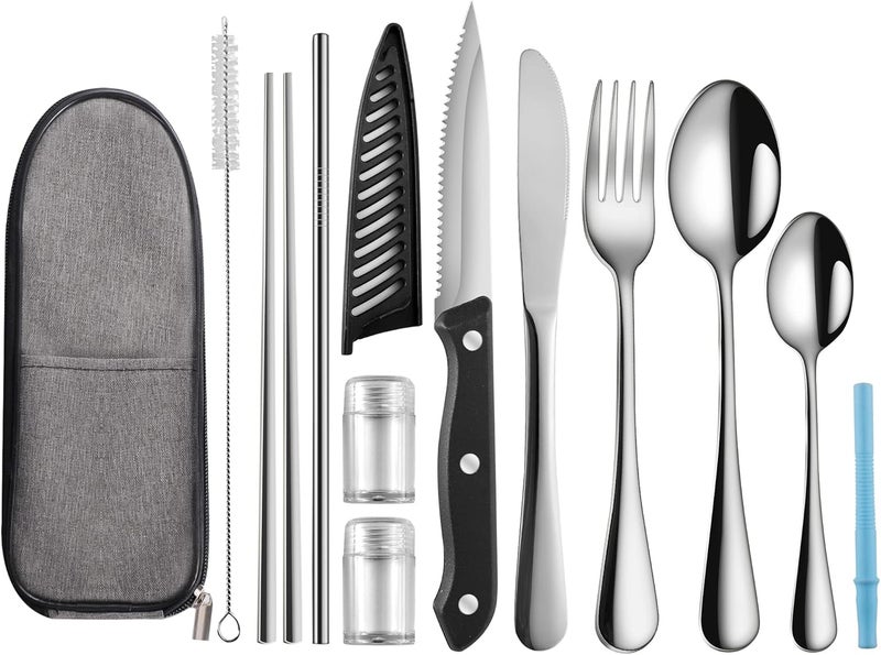 Logcow Travel Utensils with Case,Reusable Utensils,Portable Travel Camping Cutlery Set,Stainless Steel Flatware Set,Lunch Boxes Workplace Camping School Picnic (Sivler) - Image 1